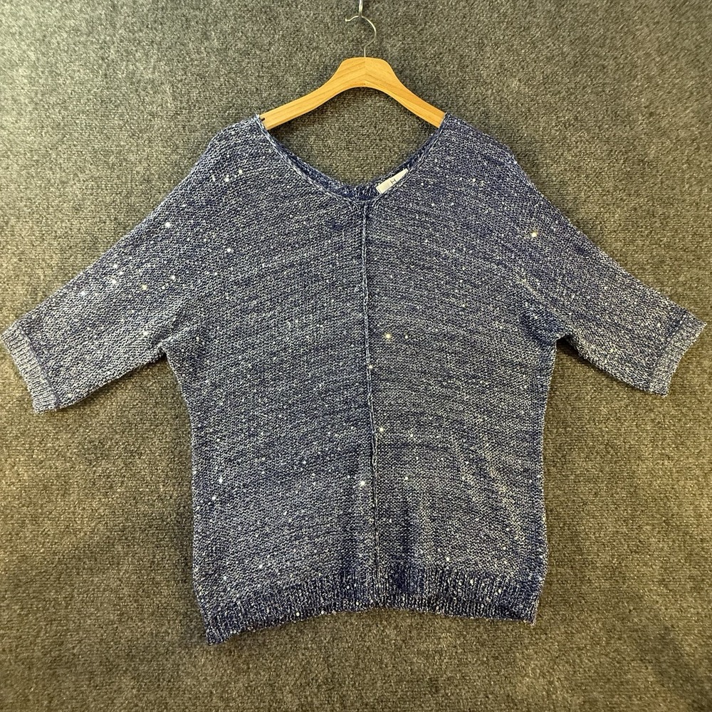 Halston Womens Large Blue Sequin Metallic Knit Sweater 3/4 Sleeve Lightweight